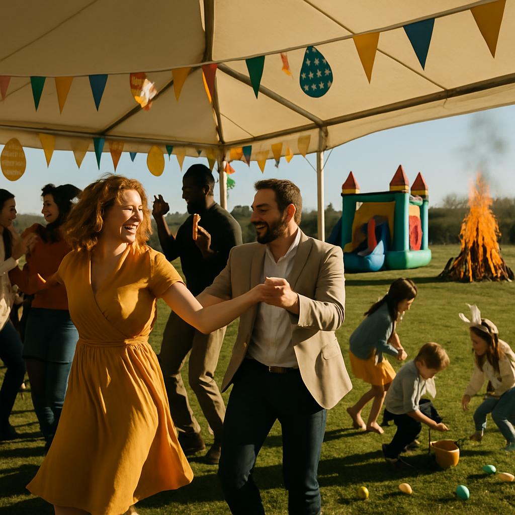 Beste topman, dat is een leuke foto die maakt. a group of people dancing in a field while children play with plastic eggs ...