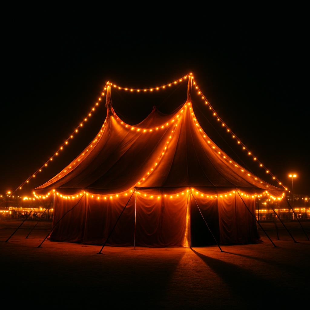 Alt text for the image: 'A large circus tent with yellow lights.'